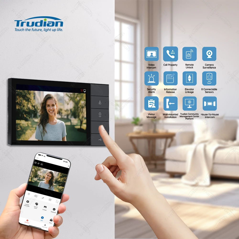 Trudian 7 Inch Touch Screen Video Interphone Indoor Monitor Remote Unlocking TCP/IP Video Intercom System for Multiple Apartment