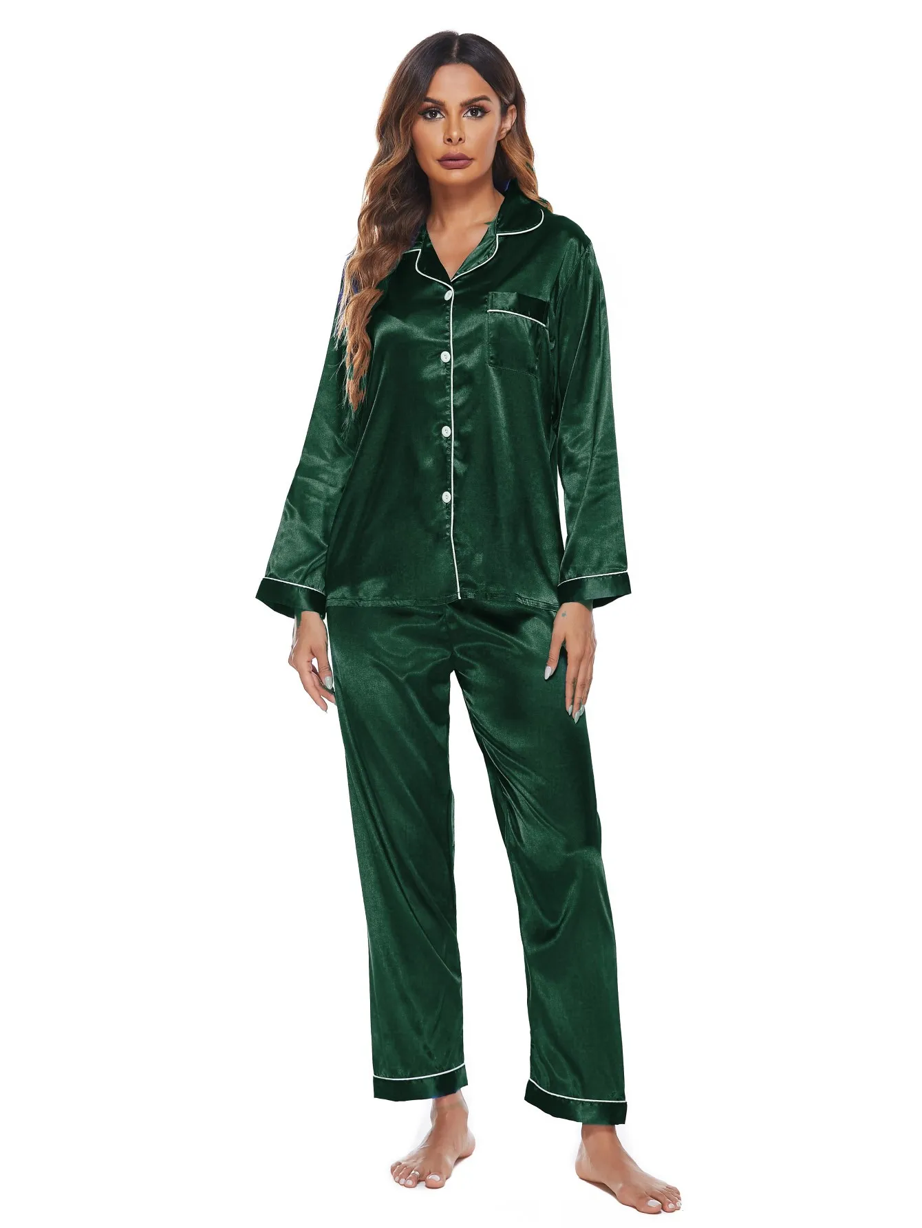 Simple Design Satin Pajama Set Women Fast Shipping Long Nightwear Satin ...