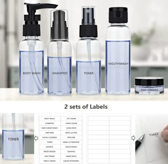 Reiseflaschen Set 100 Ml – TSA-genehmigt, Auslaufsicher & Transparent | Mit Etiketten Für Shampoo, Lotion Etc.