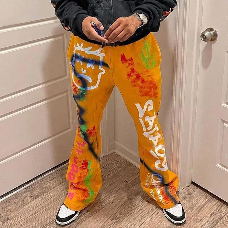 Custom Heavyweight Flared Sweat Pants Oversized Graffic Printed Thick Fleece Cotton French Terry Flaired Sweatpants Men gallery 2