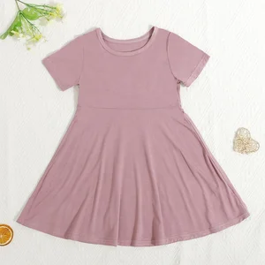 2023 Private Label Children Clothes Summer Bamboo Rayon Short Sleeve A-line Waist Stylish Baby Girls Dress Toddler Girls Cloths