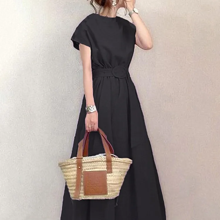 Wholesale 2025 Summer New Style Simple Literary Japanese Style Large Swing  Skirt Slim Fit Waist Loose Large Size Dress