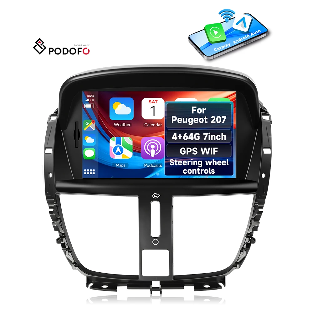 Podofo 7 Inch 4+64GB for Peugeot 207 2008-2014 Android Car Radio Wireless CarPlay Android Auto GPS Professional OEM Services A4740
