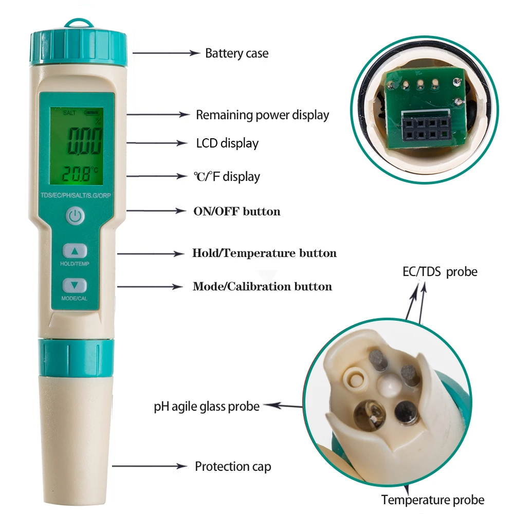 China Factory Water Ph Tester Pen Orp Meter 7 In 1 Tds/ec/salinity/orp ...