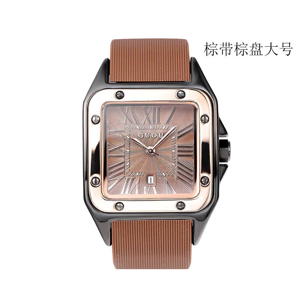 GUOU Luxury Big Dial Quartz Silicon Band Watch Women 37MM Square Rubber  Strap Calendar Charm Ladies Wrist Watches Korean Style
