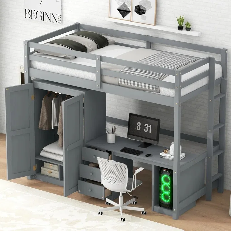 Loft Kids Bed with Wardrobe, Desk & Storage Drawers - Twin Size, Space ...