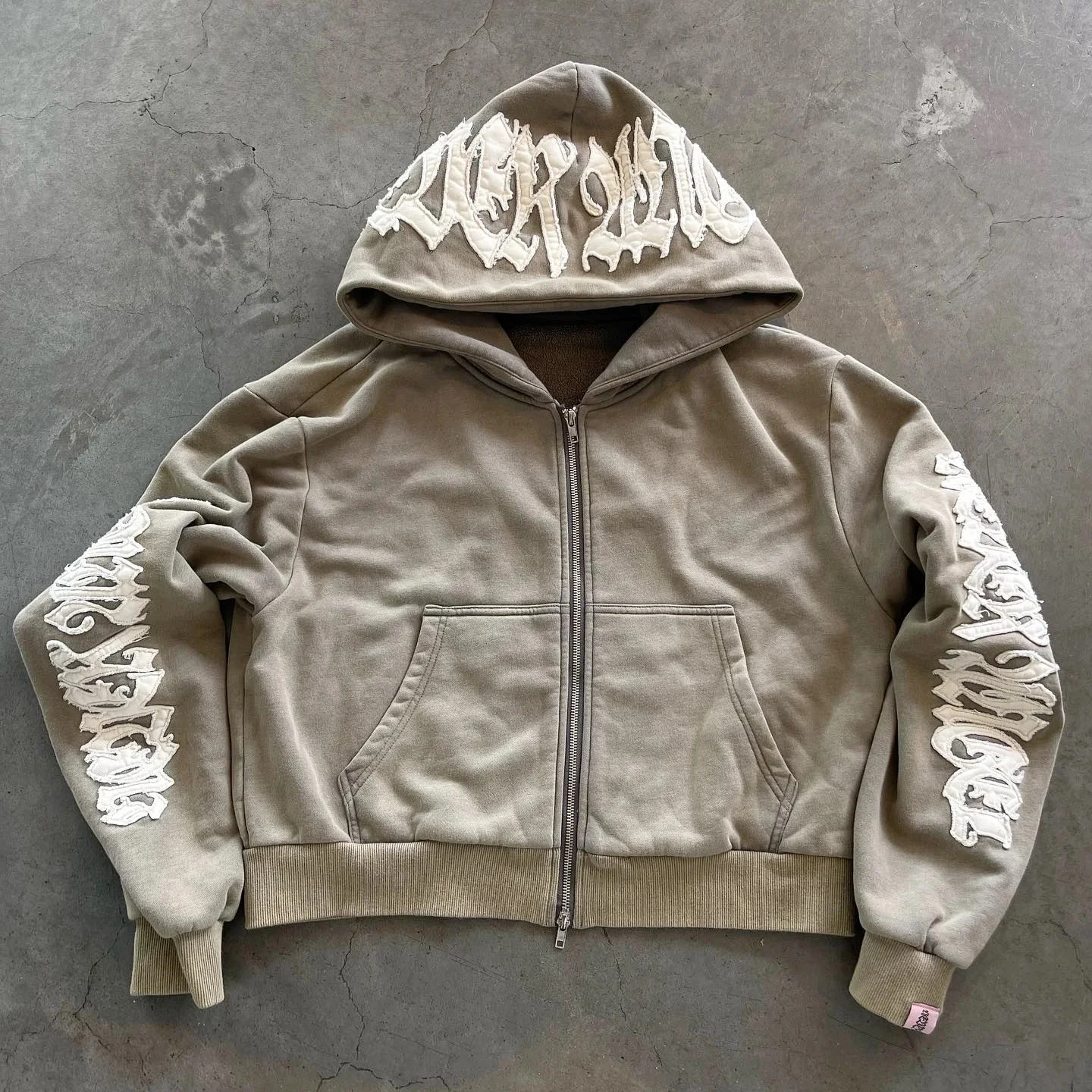 Custom Zip up Hoodie and Jogger Sweat Pant Set Cotton Applique Acid Wash Sweatsuit Distressed Embroidery Flare Tracksuit for Men gallery 2