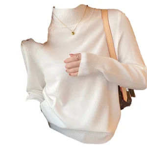 OEM Women's Long Sleeve Casual Sweater Simple Loose Outwear with High Collar Custom Wholesale Knitted Weave