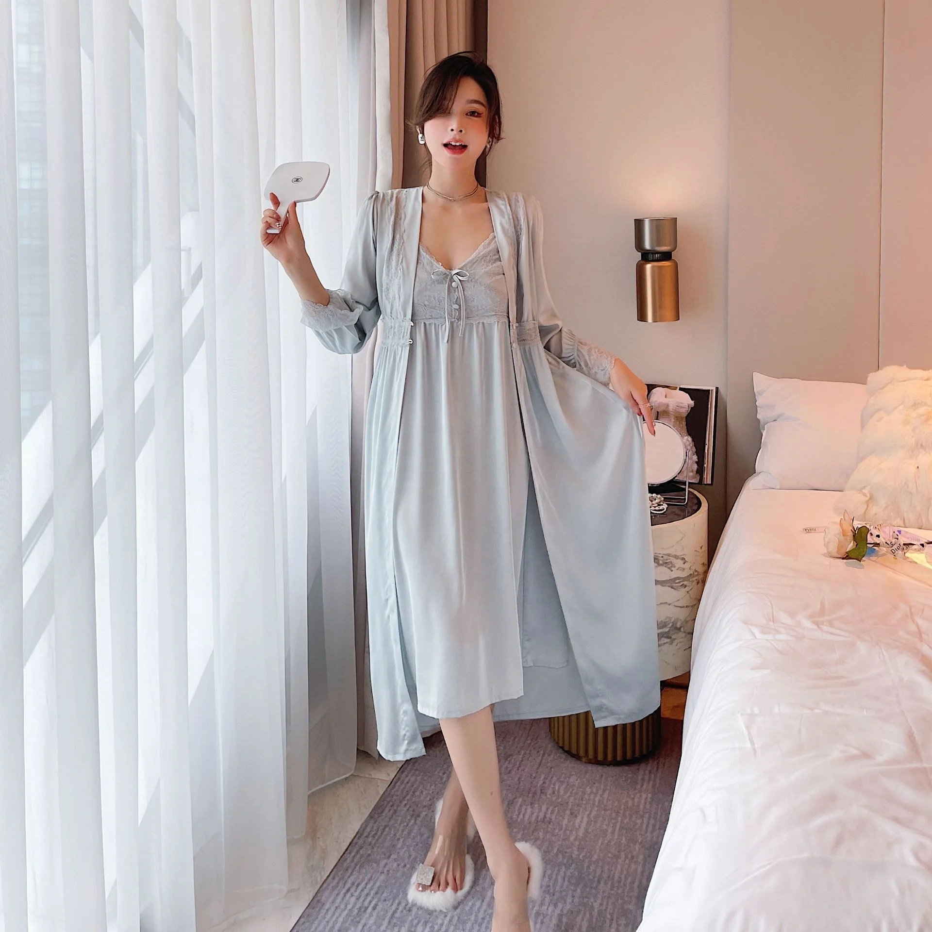 2022 Spring Summer 2 Pieces Ice Silk Long Nightwear Sleepwear Elegant Silk Satin Vintage Pajamas Set for Women