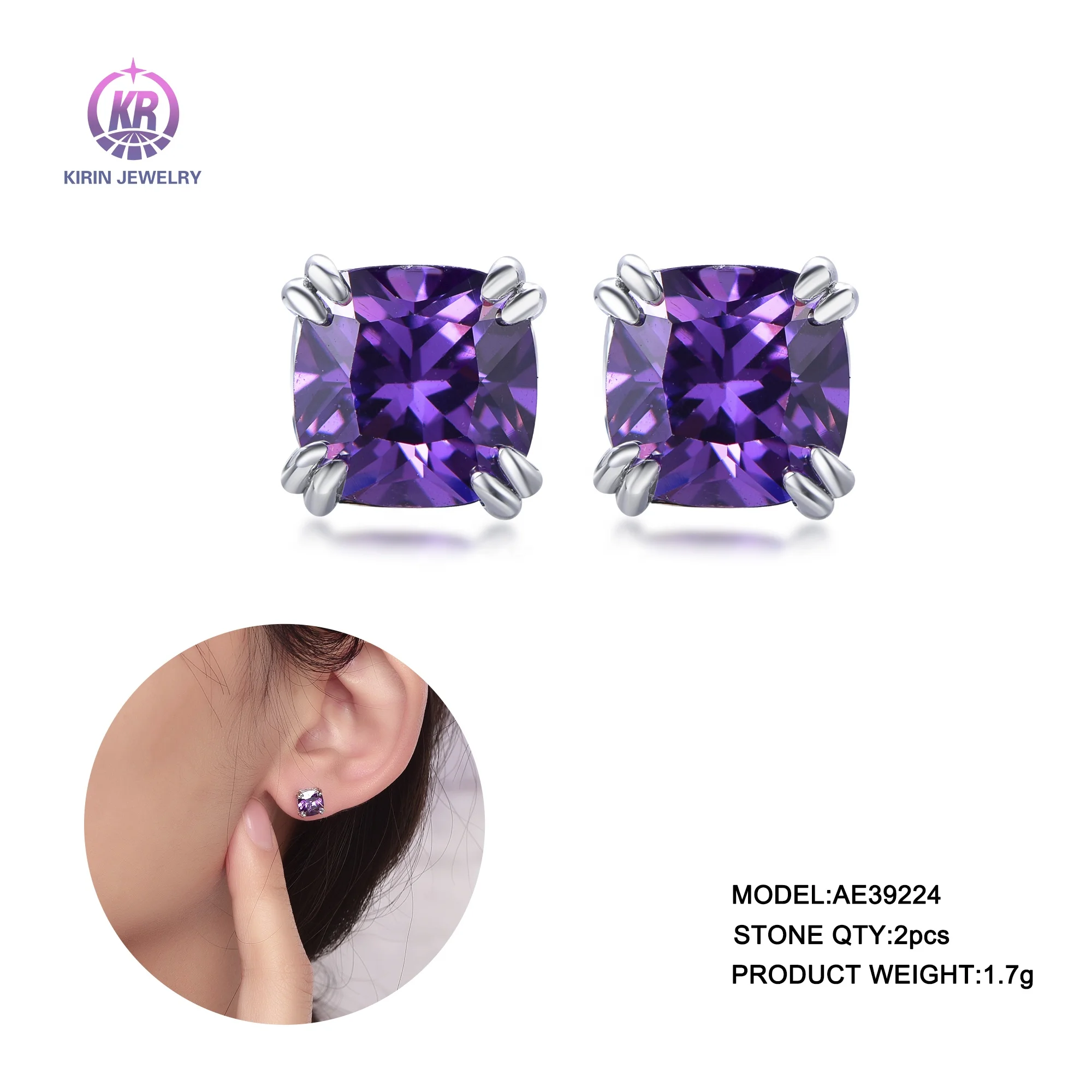 Custom Color Diamond Earrings Fusion Stone Amethyst Diamond Stud Earrings 925 sterling silver earrings