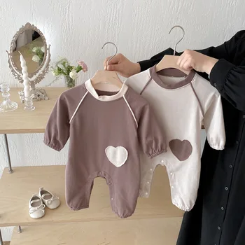 Autumn and Spring Baby Rompers Version Cute Solid Color Pattern Long Sleeve Button Stylish Korean Patch Design Baby Jumpsuit