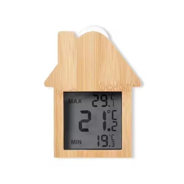 Hot Sale Product Bamboo Made House Shape Transfer LCD Display Indoor Digital Thermometer Suck on Window Clock