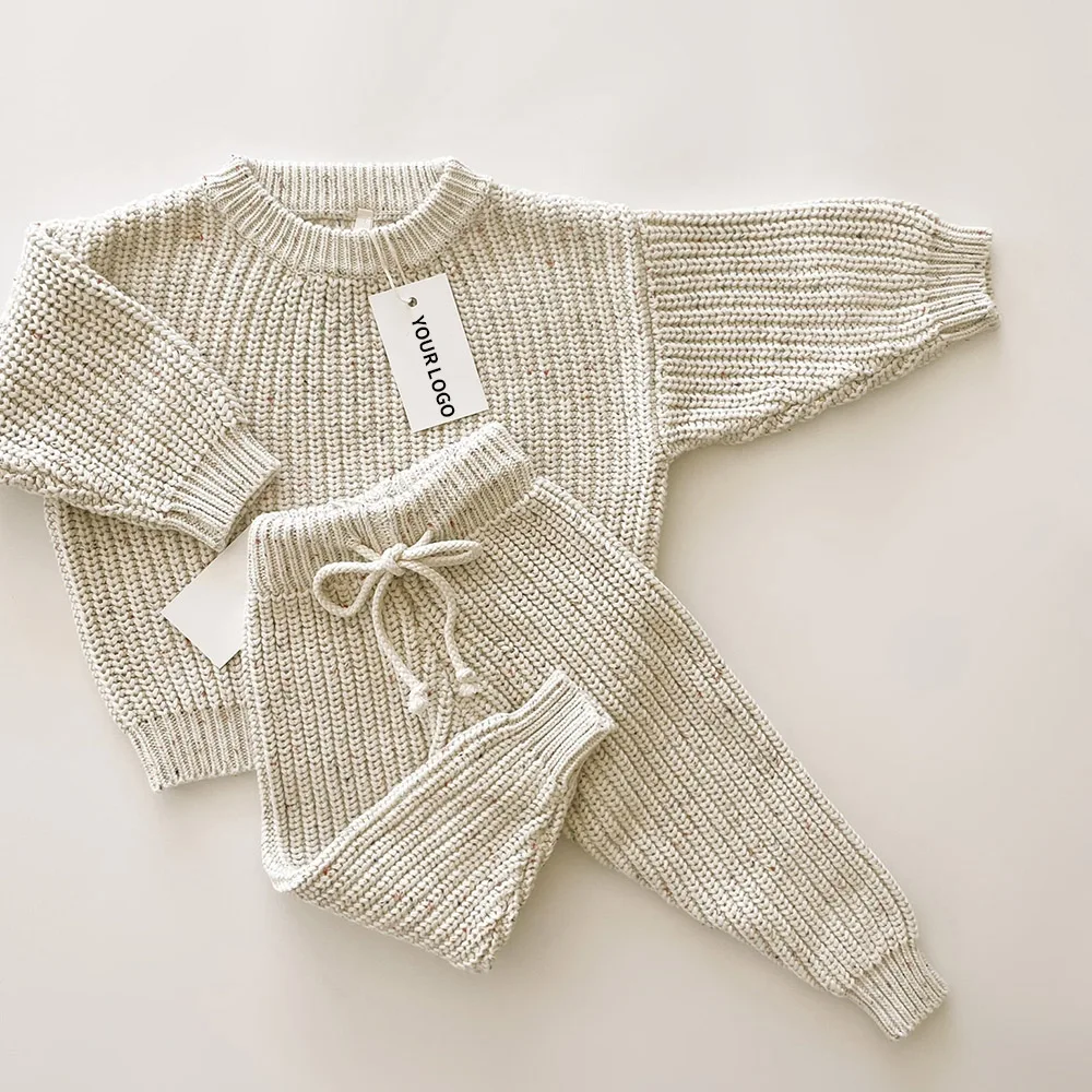 Custom Logo Sprinkle Cotton Baby Sweaters Sets New Born Winter Clothes Sets Ribbed Chunky
