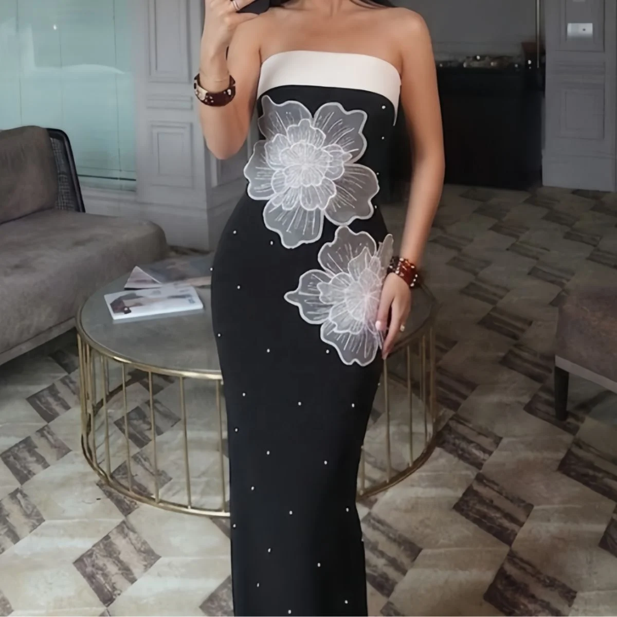 Ocstrade Factory ODM Elegant Black White Strapless Midi Bandage Evening  Dress 3D Flower Midi Formal Gown Wedding Guest Party| Alibaba.com