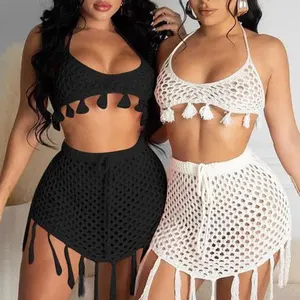 2022 Custom Women Sexy Fishnet Bikini Three Piece Fringe Beach Dress Cover up Crochet Swimsuit