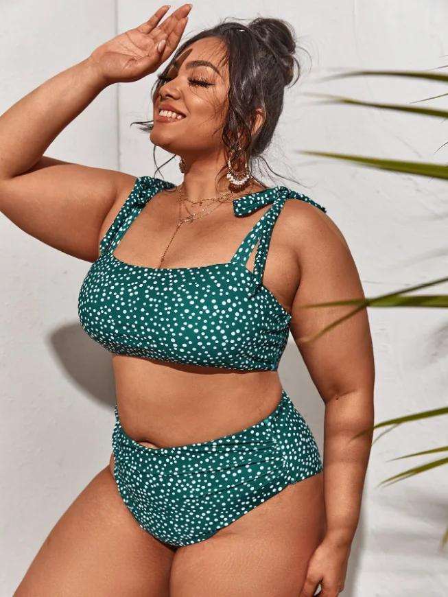 Plus Size Women Dot Green Vintage Bikini Tie Straps High Waisted Women Recycled Nylon Ladies Bathing Suit