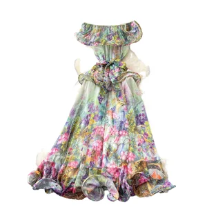 Customize Summer Y2K Casual Midi Dress for Women Empire Sustainable Breathable Woven Digital Printed Ruffled Lace