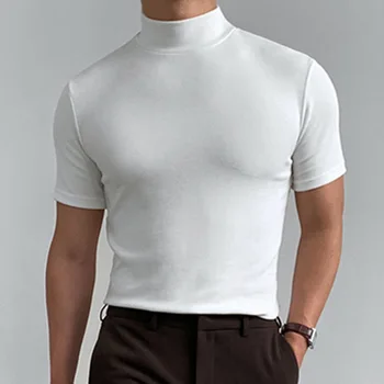 Custom High Quality Summer Casual Breathable Turtleneck Short Sleeve Slim Fit Tee Blank Mock Neck T-shirt For Men