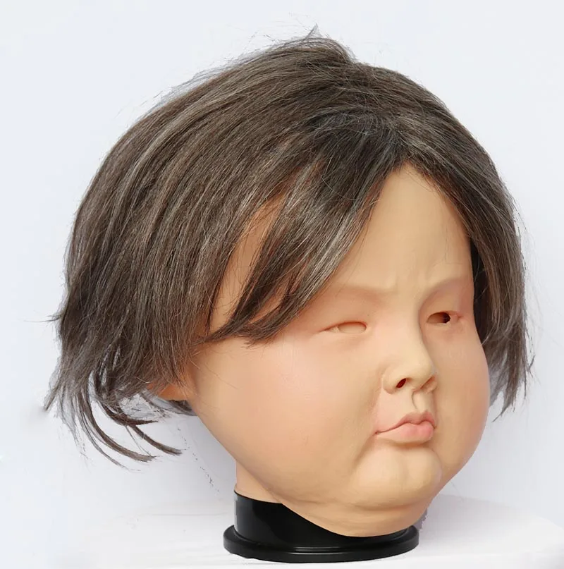 Realistic Human Face Latex Mask with Wig Full Head Silicone Funny Baby Girl Joke Novelty Costume Mask for Adult