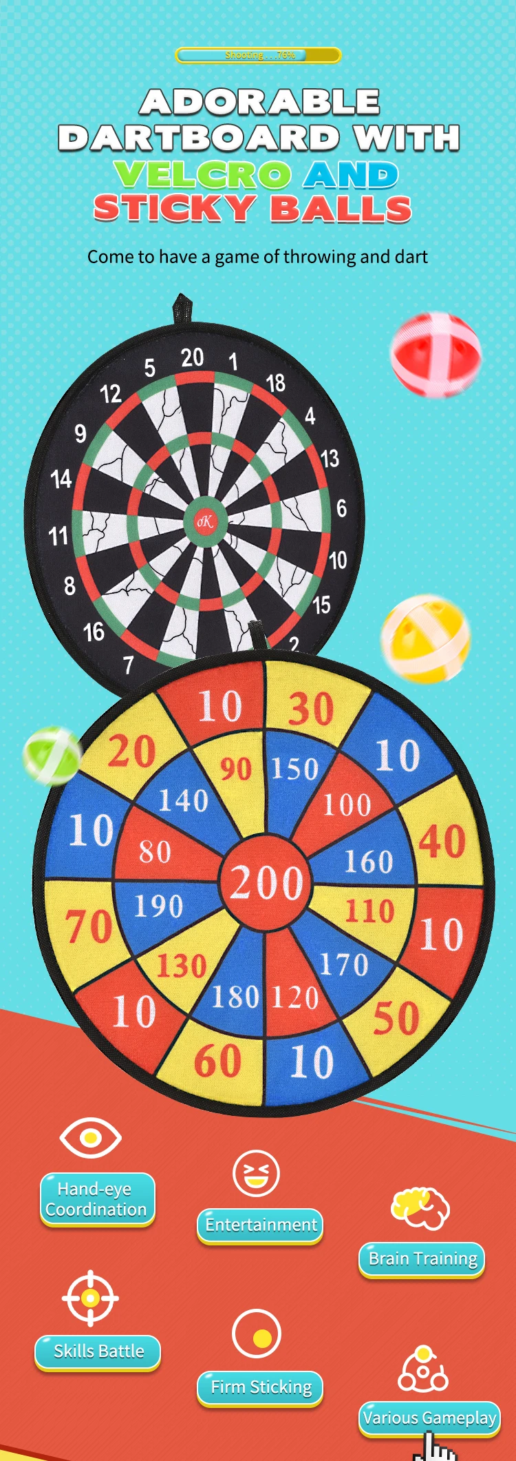 Kids Games 14.2 Inch Dart Board Set With 10 Sticky Balls Safe Indoor