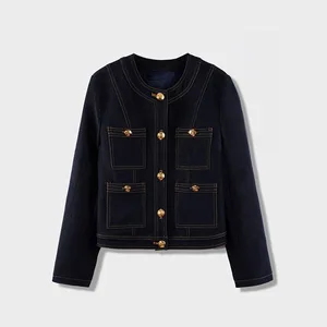 Manufacturer Custom Wholesale  Vintage Denim Jackets Winter Fashion Collarless Jackets for Women