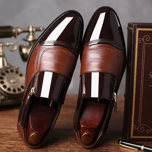 Men's Pointed Formal Casual Slip-On Casual Zipper Leather Breathable Closed Toe Officer Dress Shoes for Wedding