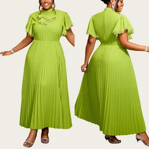 Am040301 Trendy Party Dresses Women Casual Tie Decoration Ruffle Sleeve O-neck A-line Elegant Pleated Green Formal Dress
