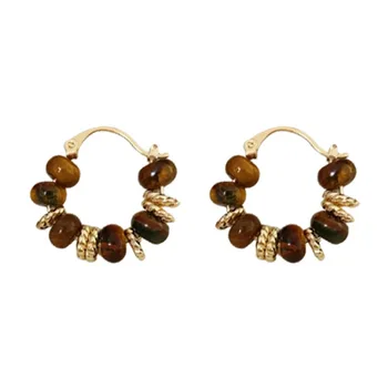 French Retro Style Geometric Beaded Hoop Earrings Fashionable Vintage Fashion Accessory Gold Plated Brass Jewelry
