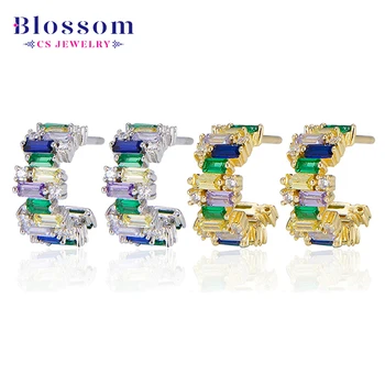 Blossom CS Jewelry's Luxury 925 Sterling Silver 18K Gold Plated Stud Earrings Unique Design Colorful Cubic Diamond Zircon