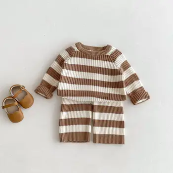 Autumn Winter Korean Style Children's Suit Knitted Baby Sweater Striped Long Sleeve Pullover Boys Girls Baby Long Pants Set