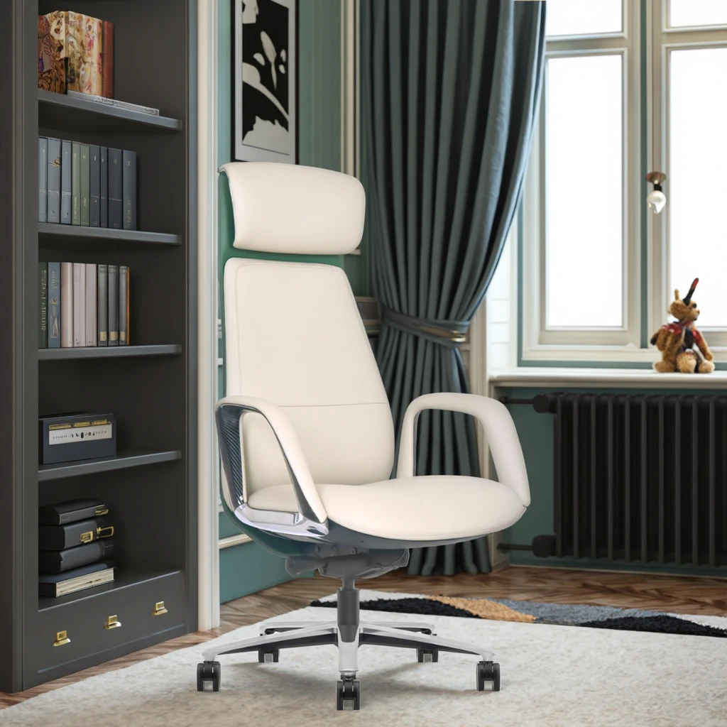 Deluxe Leather Executive Throne Polished Aluminum Arms Dual Layer Sponge Telescopic Height Adjustment 3