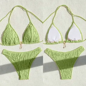 Huili Swimsuit Manufacturer Oem Custom logo Print Design Two Piece Ruched Detailing Women's Swimwear Cute Seersucker Bikini Set