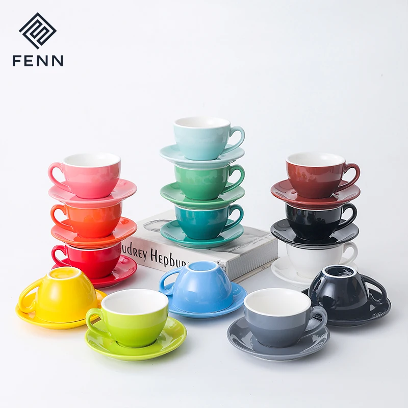 FENN exquisite glossy colorful cheap tea coffee cups and saucers / ceramic cup and saucer set for coffee shop