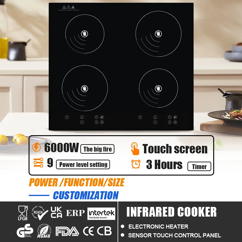 Customized Product 6000W Touch Screen Fast Heat 4 Burners Digital Multi Electric Infrared Cooker With Led Display