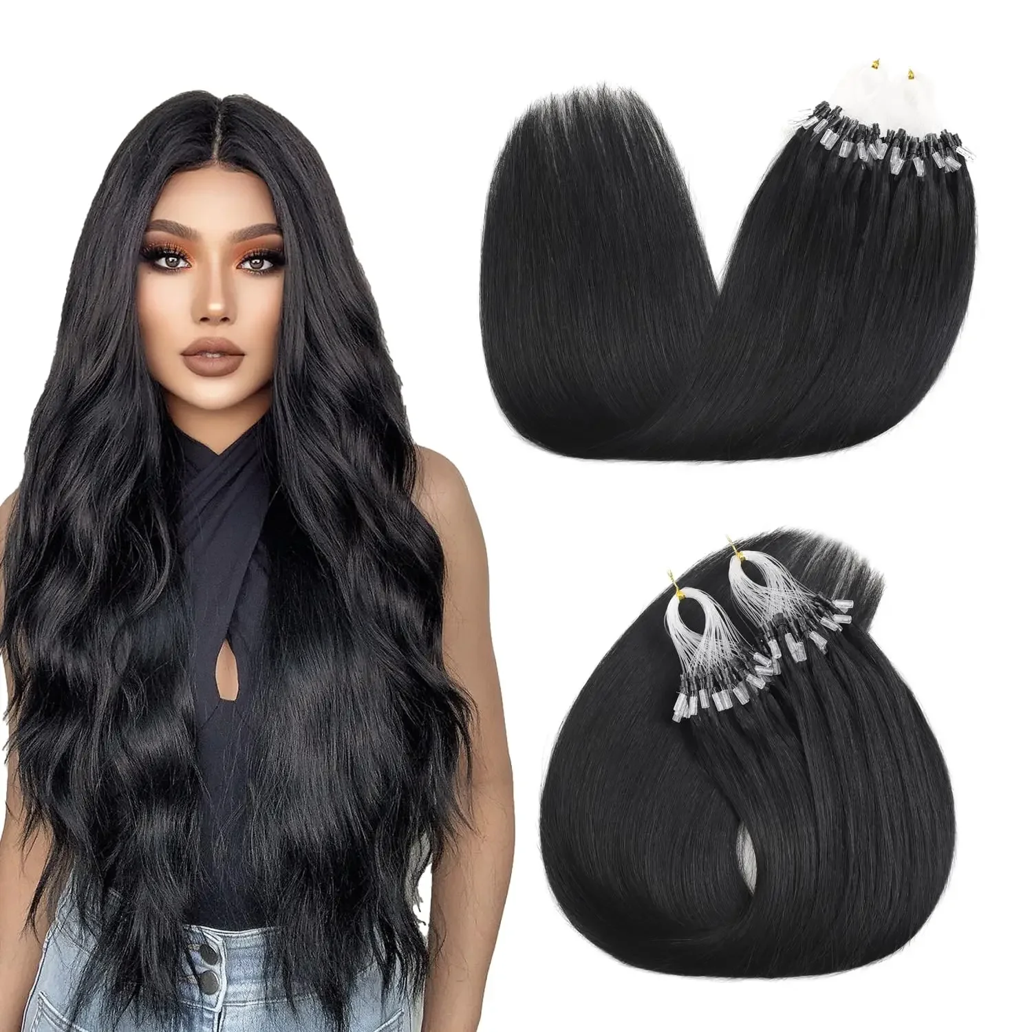 Extensii de păr Micro Ring, păr uman negru natural, cu perle Microlink, buclă dreaptă_voghion.com