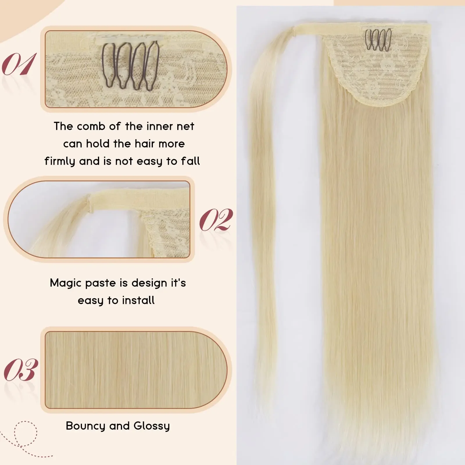 Straight Ponytail Human Hair Extensions 613 Blonde Color Wrap Around Clip in Hairpiece For Women_voghion.com