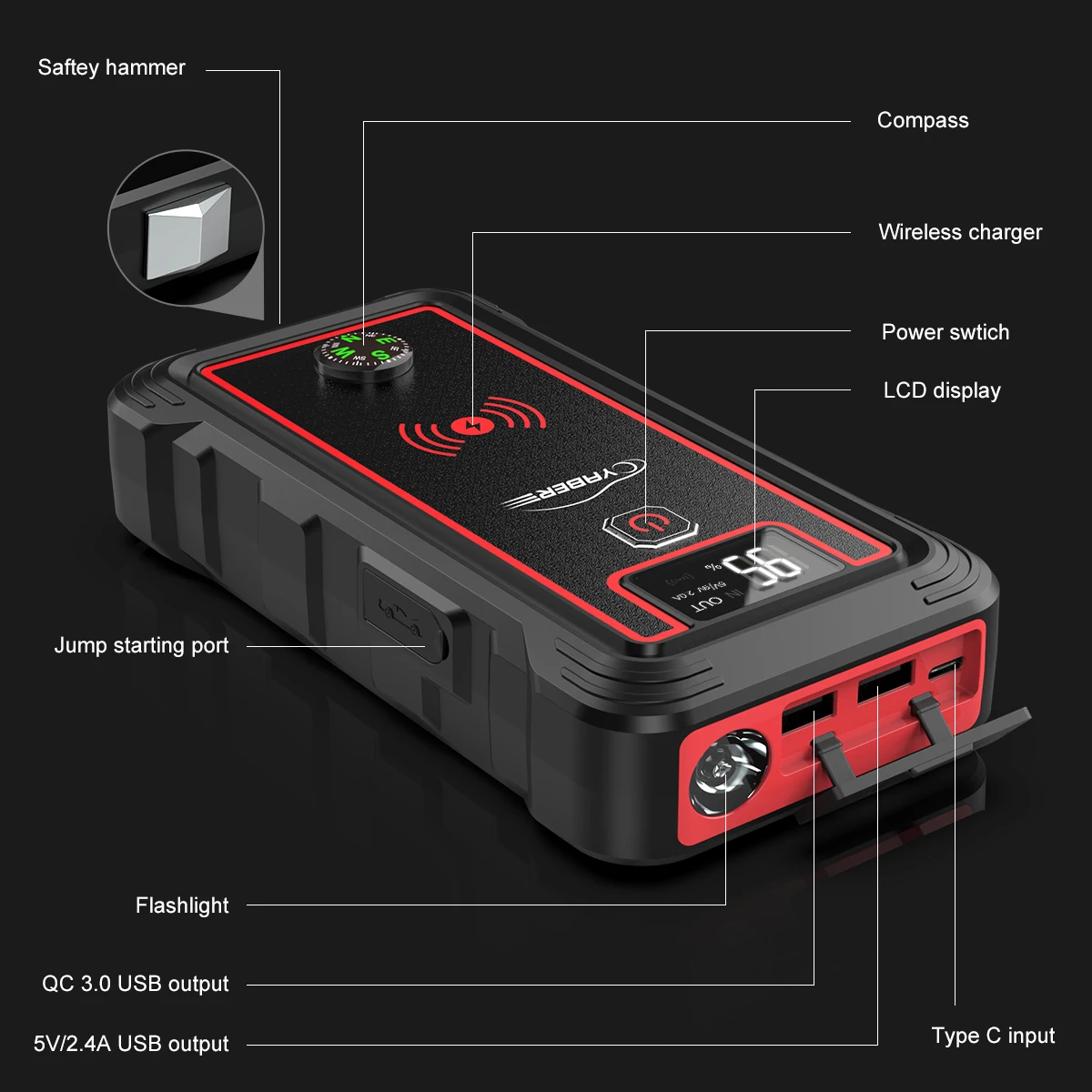 YABER Booster Batterie, 3500A 23800mAh Portable Jump Starter (Tout Gaz ou  8,0 L Diesel) , Chargeur sans Fil avec Lamp LED, Écran LCD, Marteau de