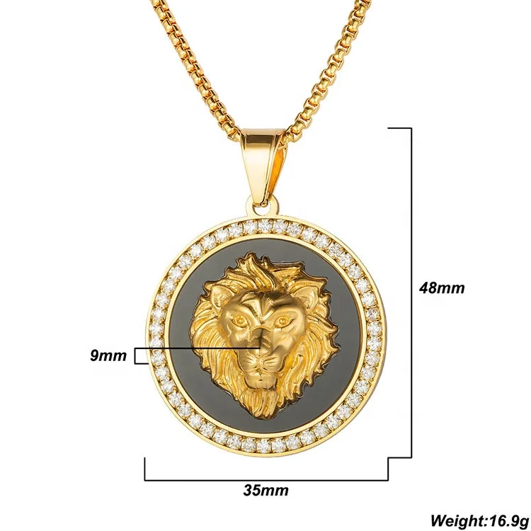 Cool Men Accessory Jewelry 18K Gold Plated Stainless Steel Black Enameled Lion Head Pendant Necklace