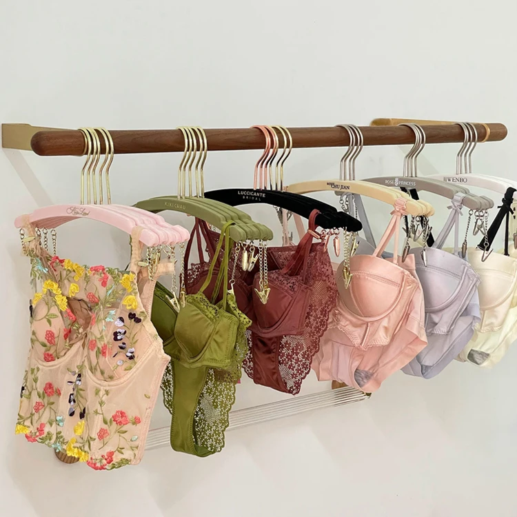 30cm Customized Logo Underwear Hangers Plastic Velvet Lingerie Hangers With Clips For Bra Brand