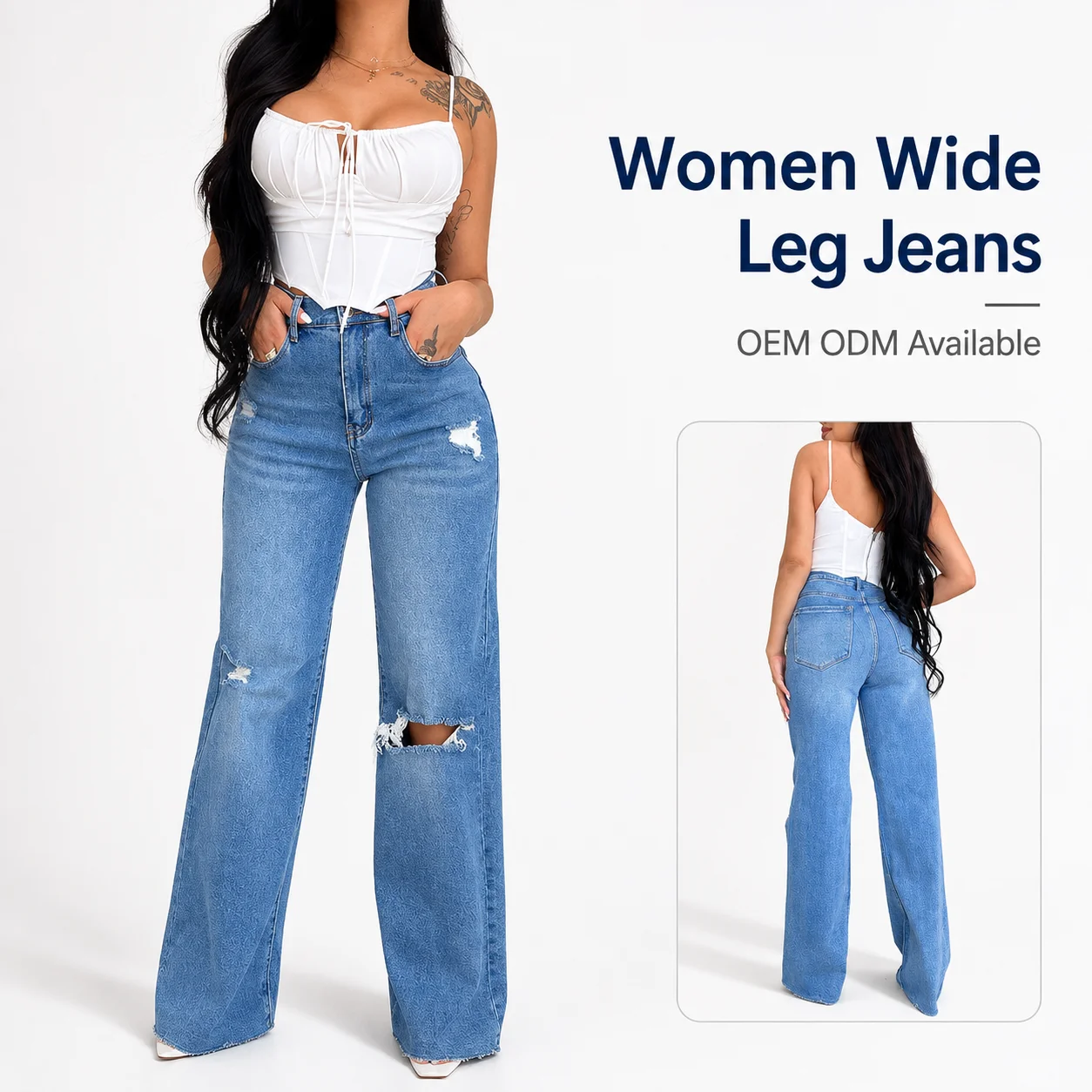 Manufacturer's Direct Selling Top 2024 Fashionable Comfortable Versatile Ripped Velvet Jeans Women High Waist Wide Leg Garment
