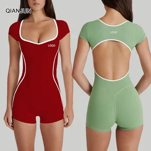 High-quality Durable Spandex/Nylon Backless Yoga Jumpsuit Quick-drying Short Sleeve Sports Fitness Bodysuit V-neck Pockets Plus