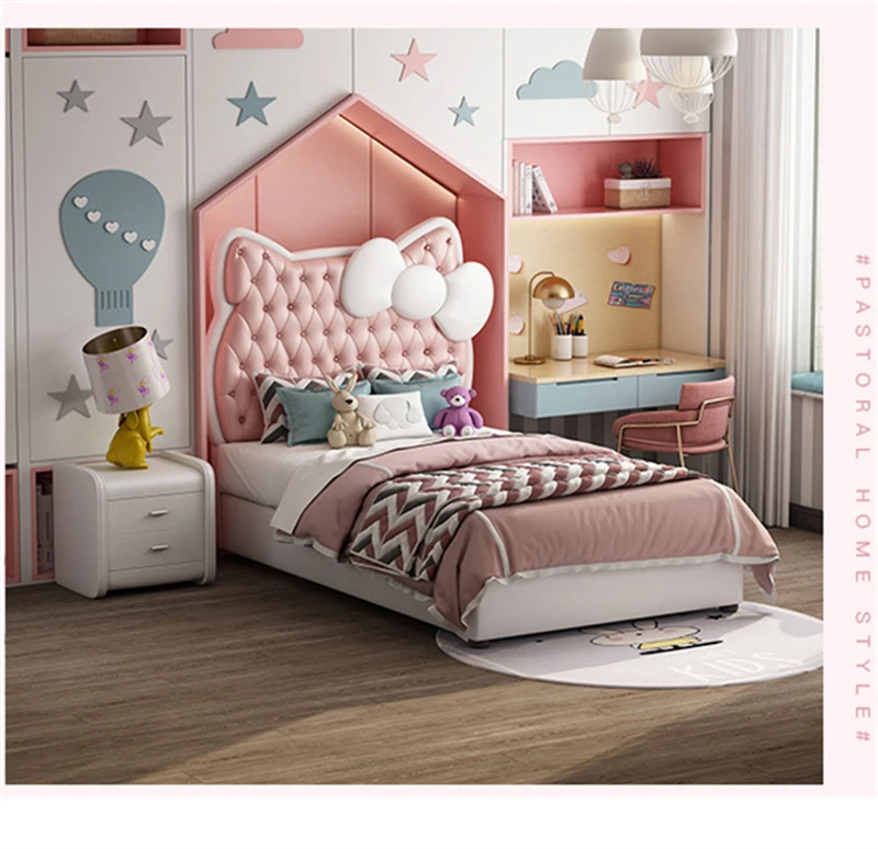 Cute Pink Leather Headboard Single Bed Children's Bed Princess Design
