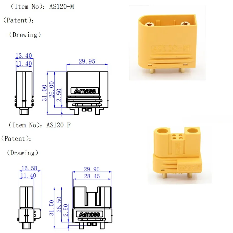 Amass XT120 60A Large Current Connector Pair - Male & Female With Signal Pin For RC Drone Lipo Batteries