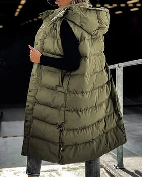 2024Custom womens fashion plus size coats hooded sleeveless jackets long duck down puffer vest for female