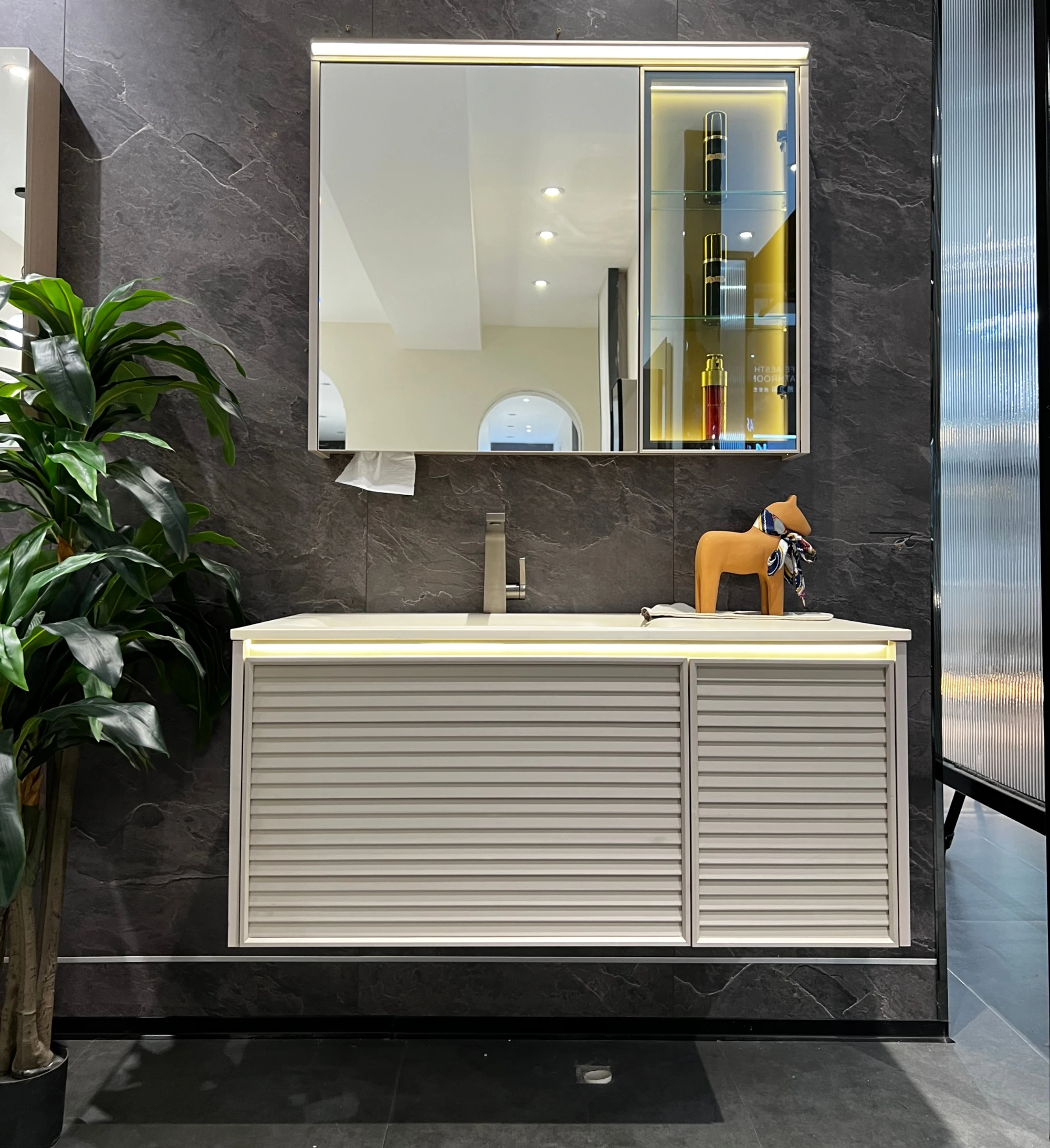 2025 Modern Simple Wooden Rock Plate Bathroom Vanity LED Smart Mirror Bedroom Dressing Makeup Cabinet Rock Plate LED Smart