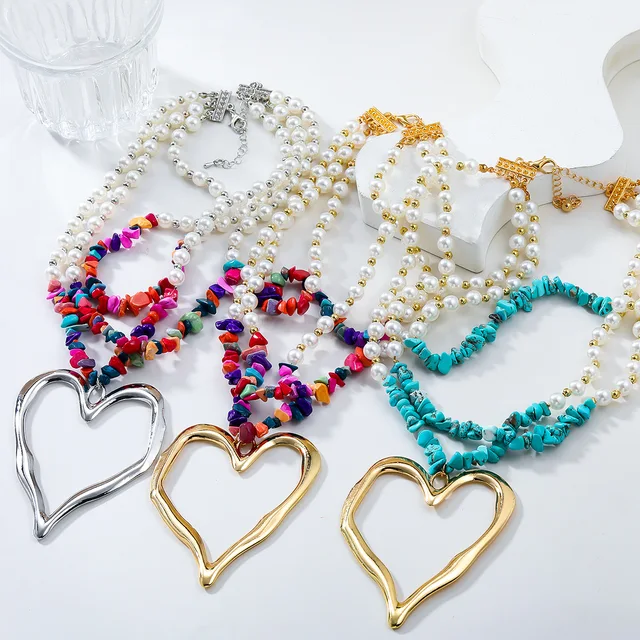 European American Bohemian Women's Heart-Shaped Alloy Pendant Fashion Imitation Pearl Turquoise Accessory Chains  Necklace