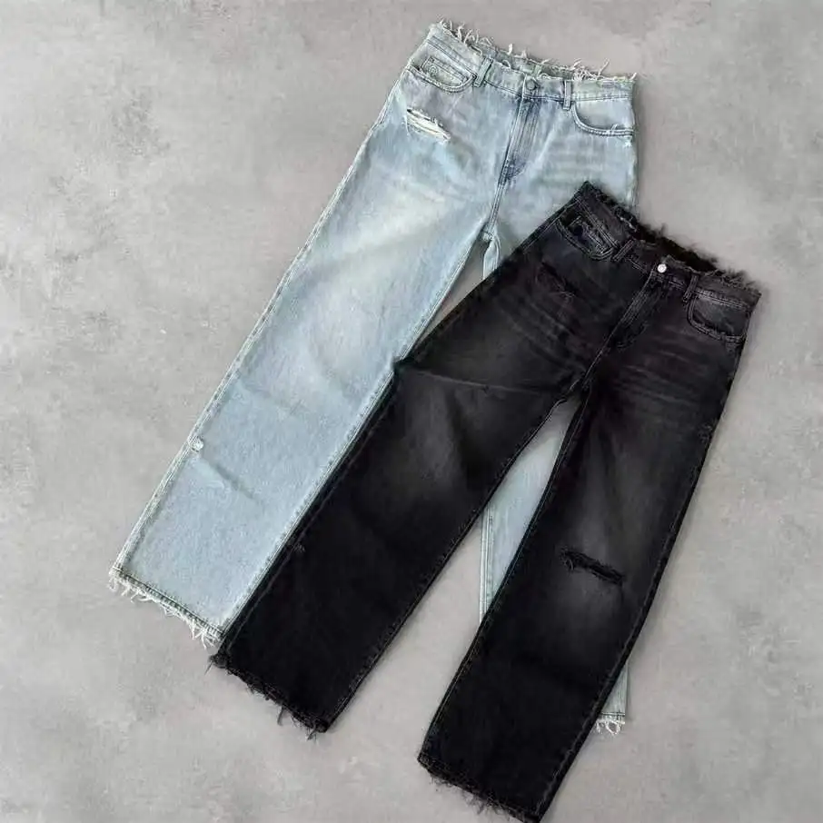 Men's High Waist Distressed Straight Leg Jeans Plus Size Loose Fit Cotton Denim Pants With Ripped Holes Casual Streetwear Style gallery 7