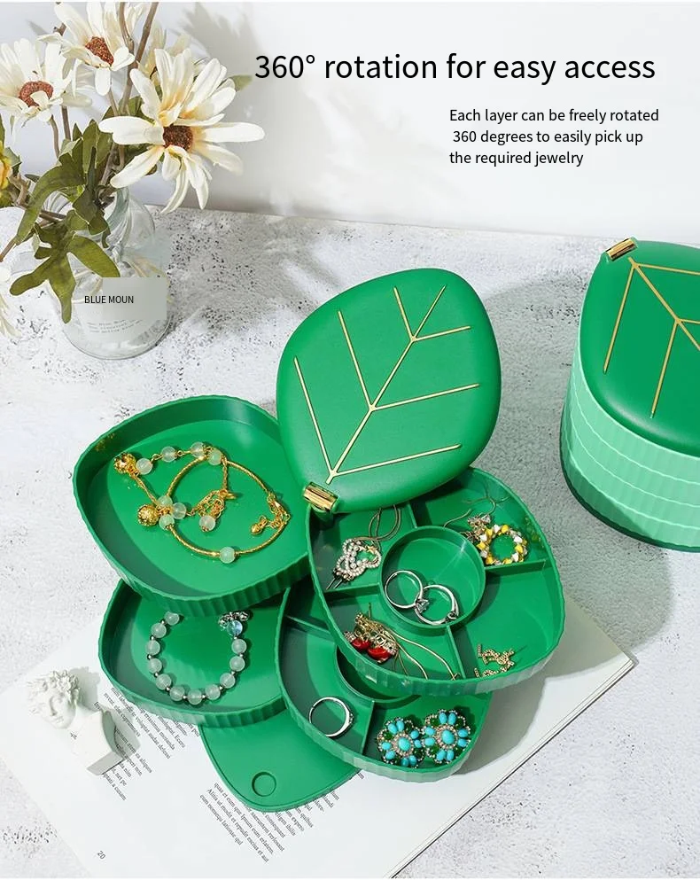 Creative multi-functional rotating leaf jewelry box Desktop storage box Earrings necklace headdress with mirror jewelry box supplier