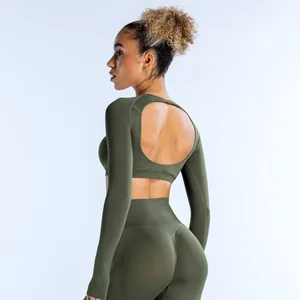 Women's Long Sleeve Compression Yoga T-Shirt Soft Stretchy Solid Pattern Breathable Lightweight Open Back Seamless Crop