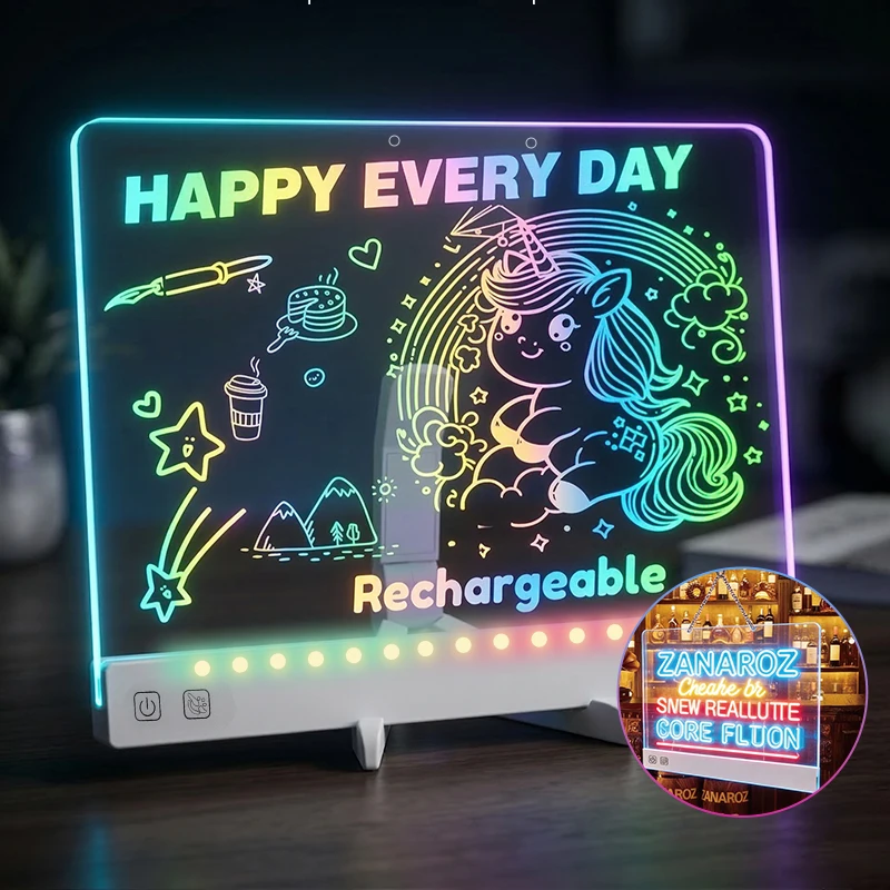 Colorful Acrylic Light-Up Drawing Board with Hanging Chain Rechargeable LED Memo Board for 5 to 7 Years